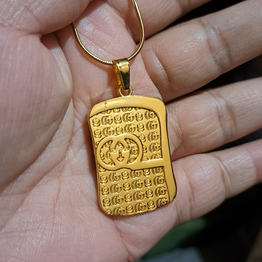 Gold Tone Designer-Style Dog Tag Pendant Necklace